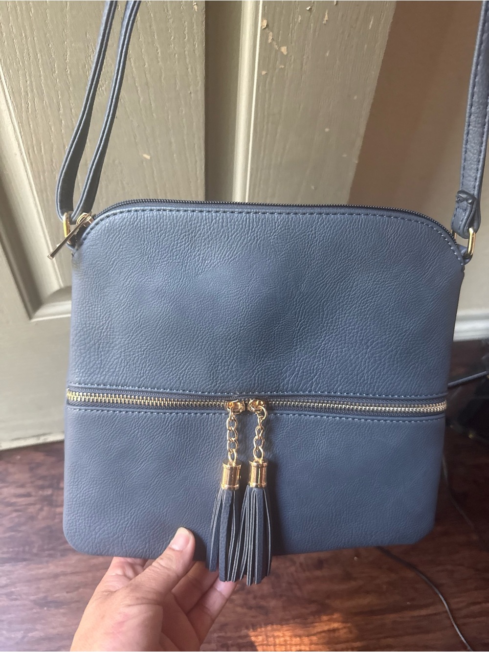 Women's Blue Crossbody Bag with Tassel Zip Pocket